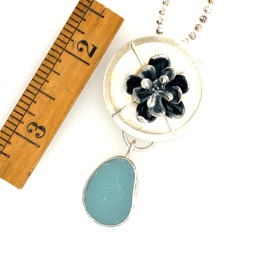 Aqua Sea glass and  Vintage Mother of Pearl Necklace