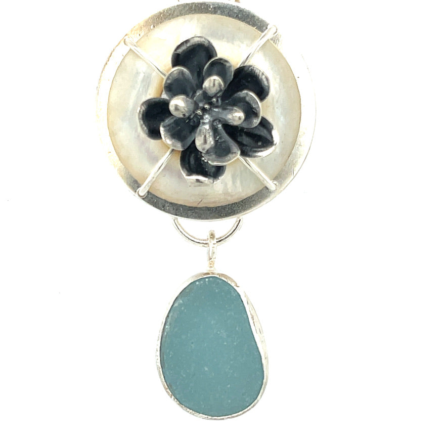 Aqua Sea glass and  Vintage Mother of Pearl Necklace