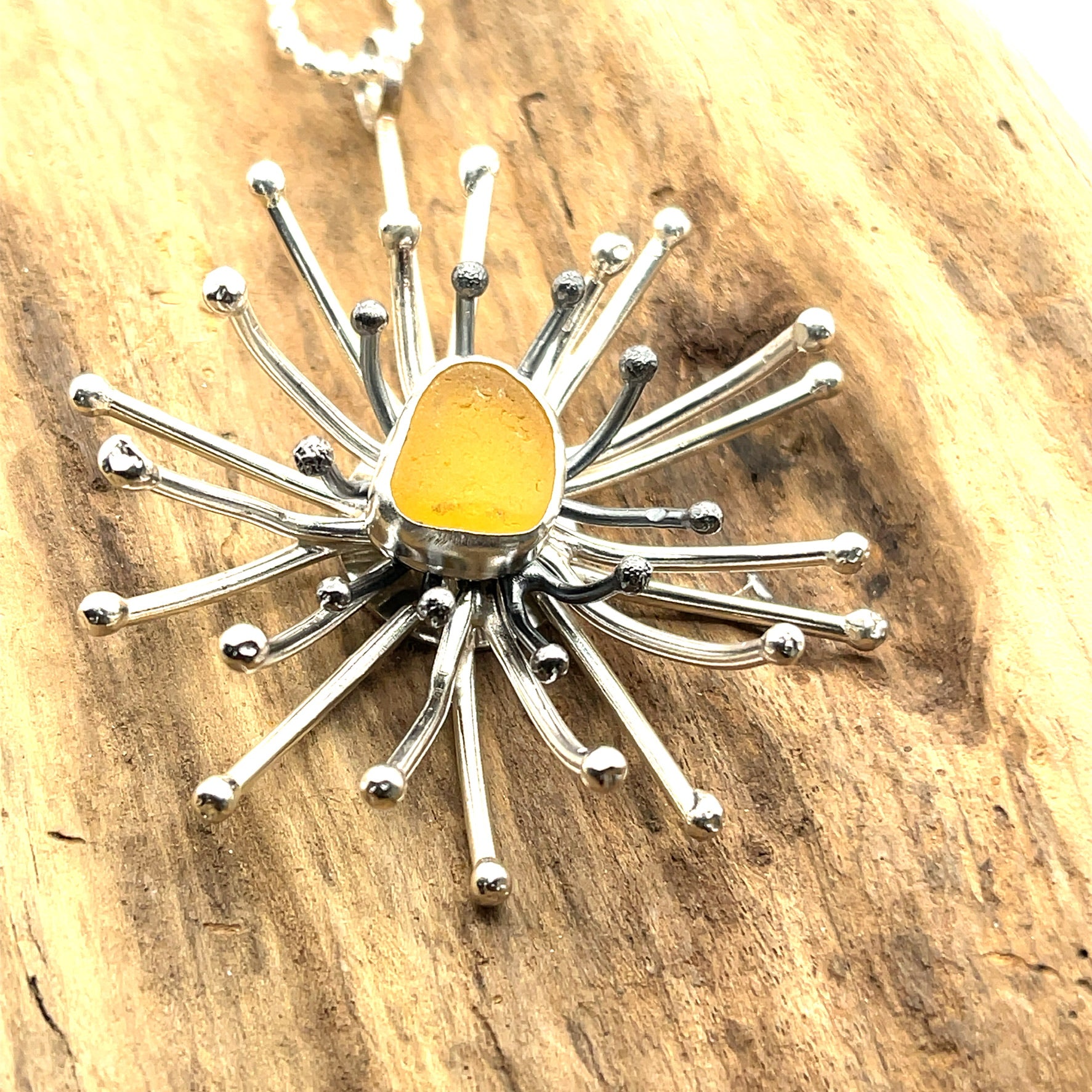 Yellow Sea Glass Mid Century Star Burst Necklace