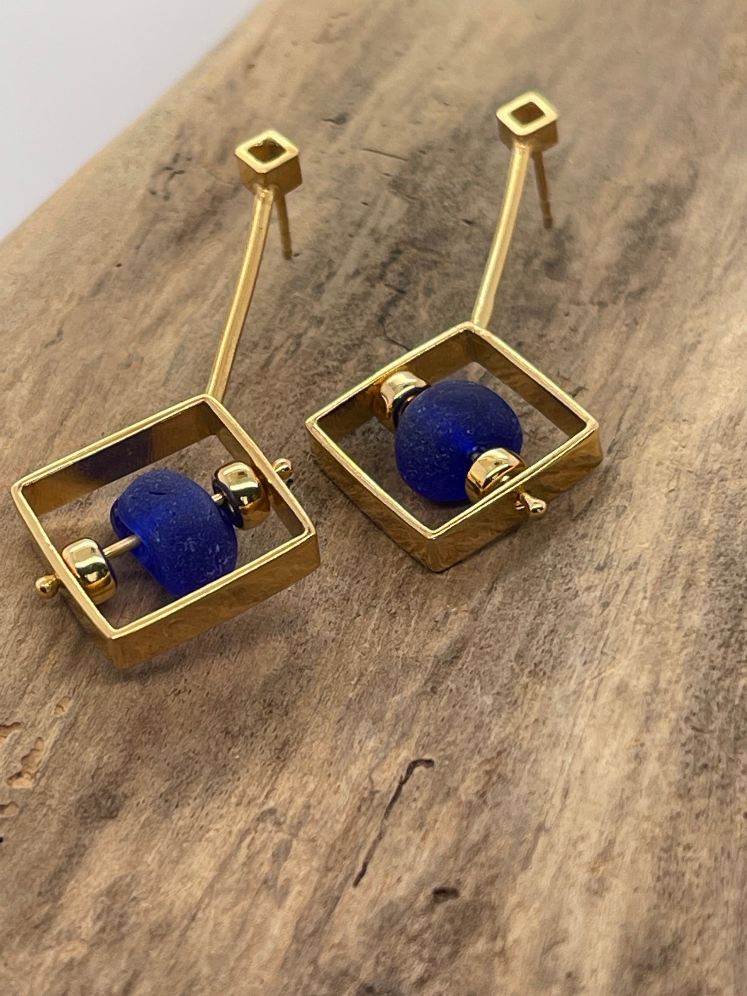 Cobalt Blue Sea Glass Earrings 24 K Gold Vermeil