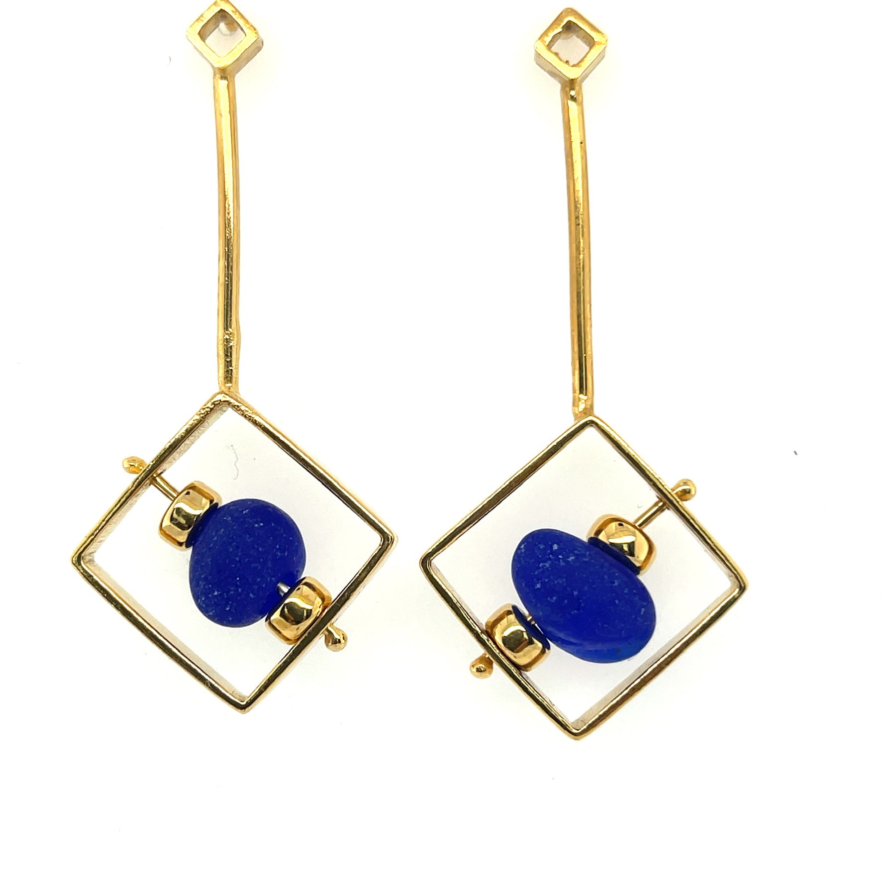 Cobalt Blue Sea Glass Earrings 24 K Gold Vermeil
